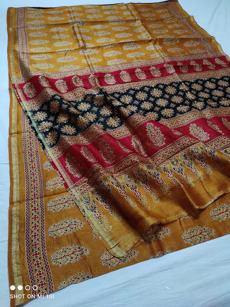 Pure Chanderi Silk Saree With Azrak Print With Blouse