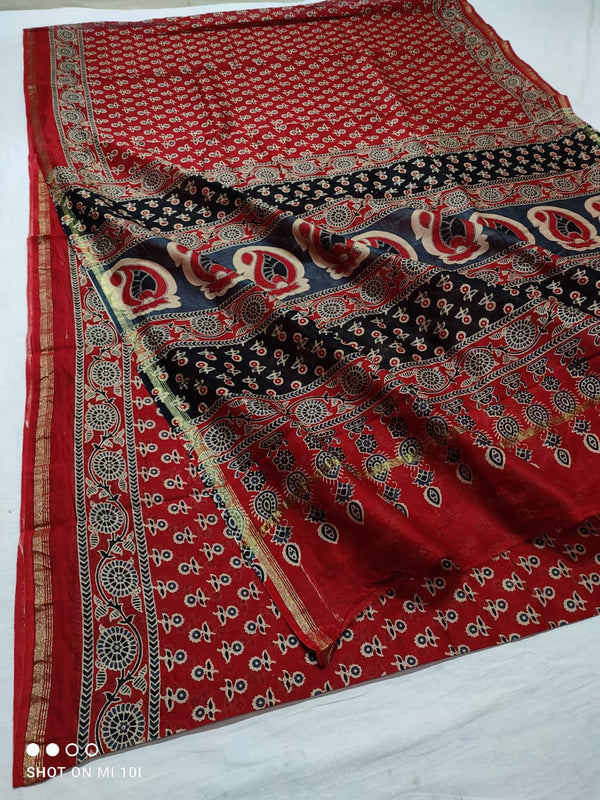 Pure Chanderi Silk Saree With Azrak Print With Blouse