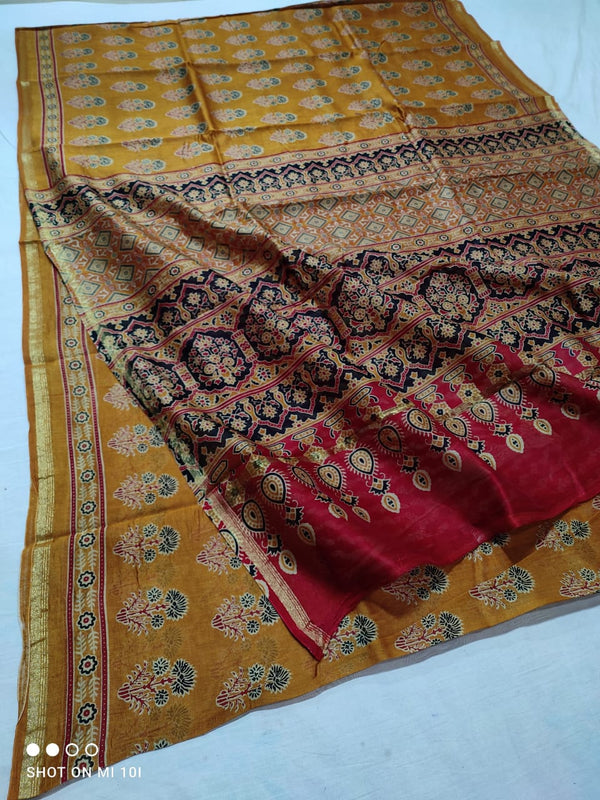 Pure Chanderi Silk Saree With Azrak Print With Blouse