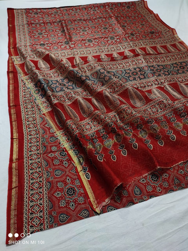 Pure Chanderi Silk Saree With Azrak Print With Blouse