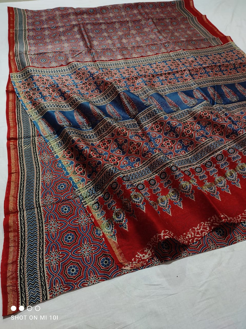 Pure Chanderi Silk Saree With Azrak Print With Blouse