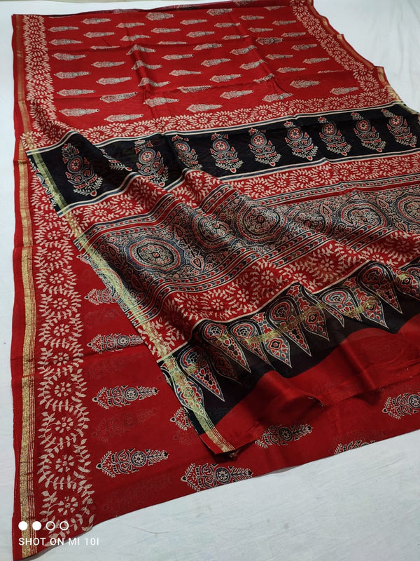 Pure Chanderi Silk Saree With Azrak Print With Blouse