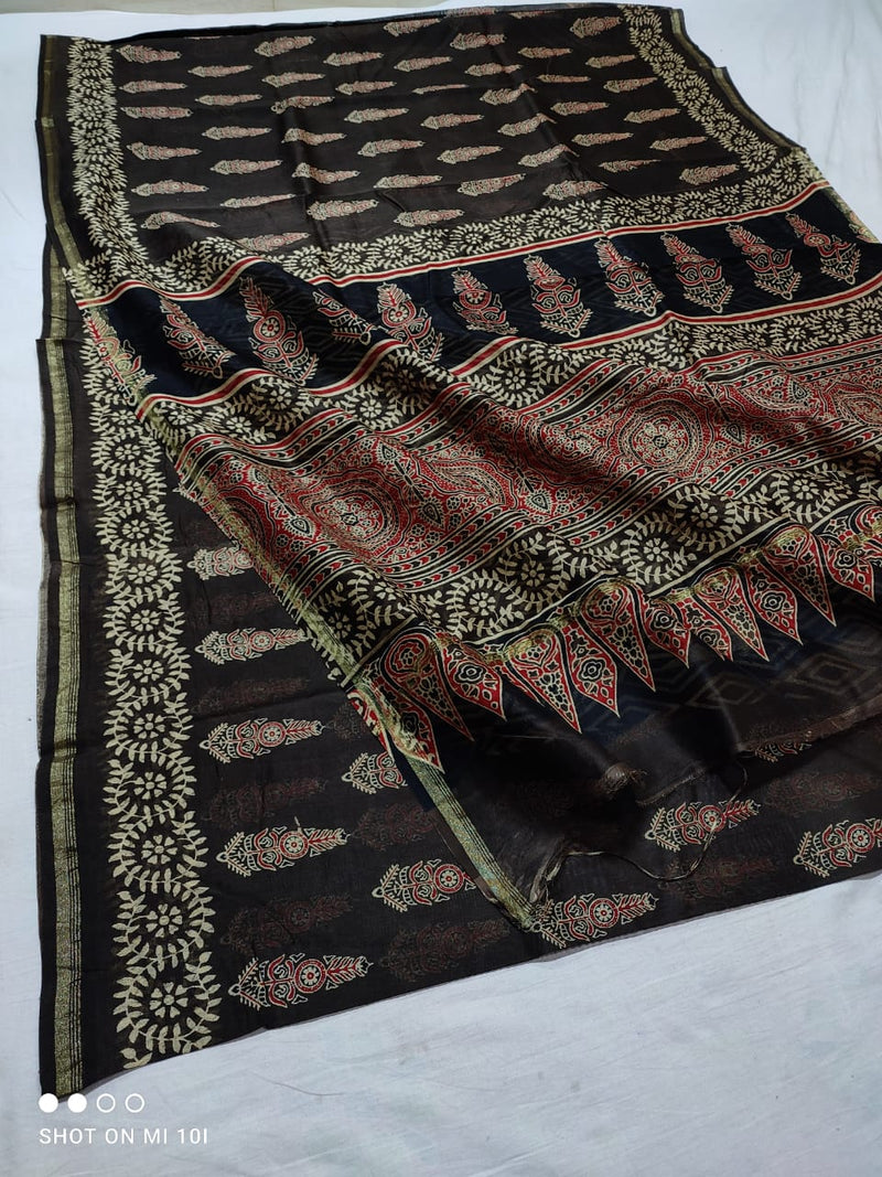 Pure Chanderi Silk Saree With Azrak Print With Blouse