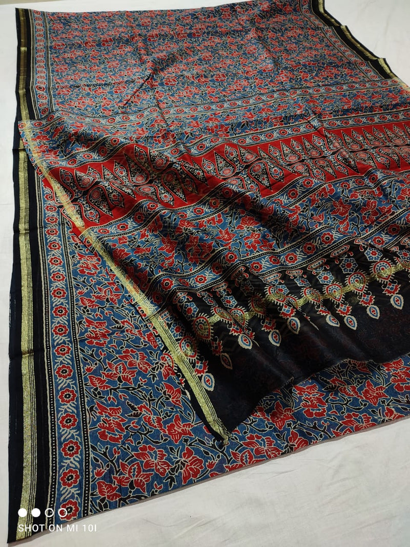 Pure Chanderi Silk Saree With Azrak Print With Blouse