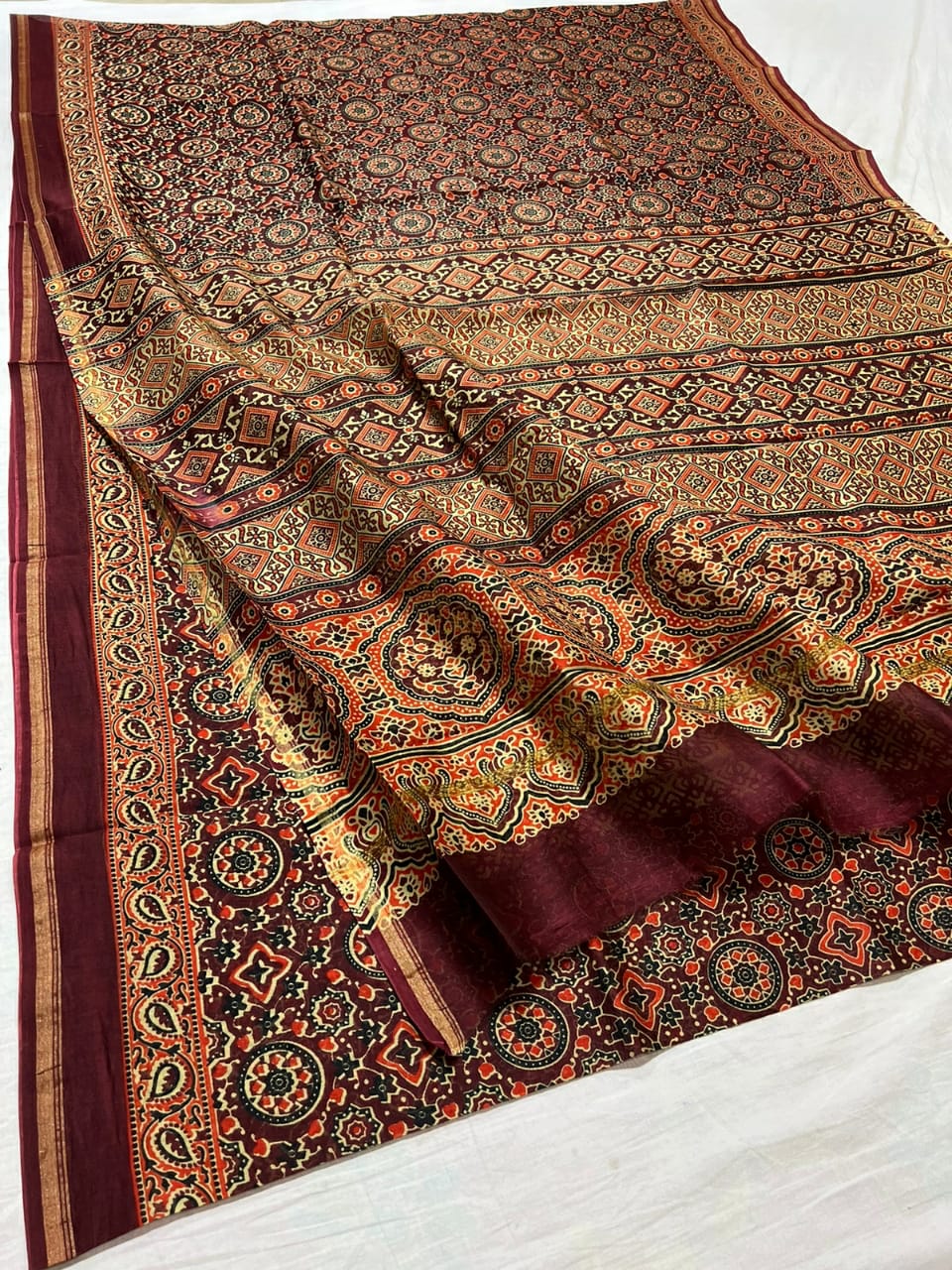 Ajrakh sarees - Ajrakh hand block printed modal silk saree | Facebook