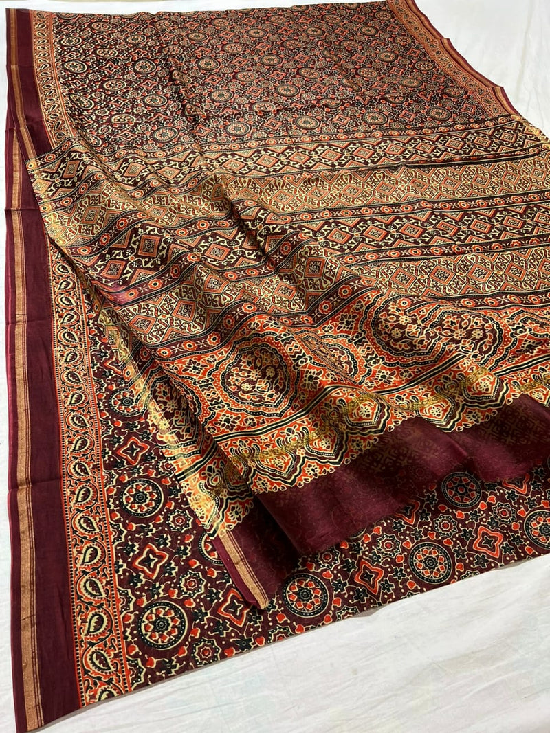 Pure Chanderi Silk Saree With Azrak Print With Blouse