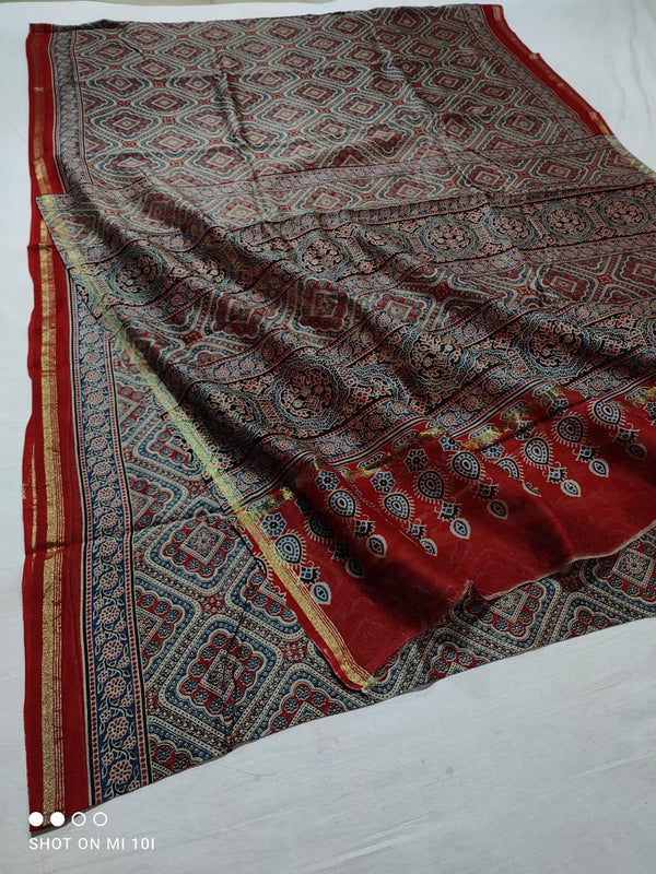 Pure Chanderi Silk Saree With Azrak Print With Blouse