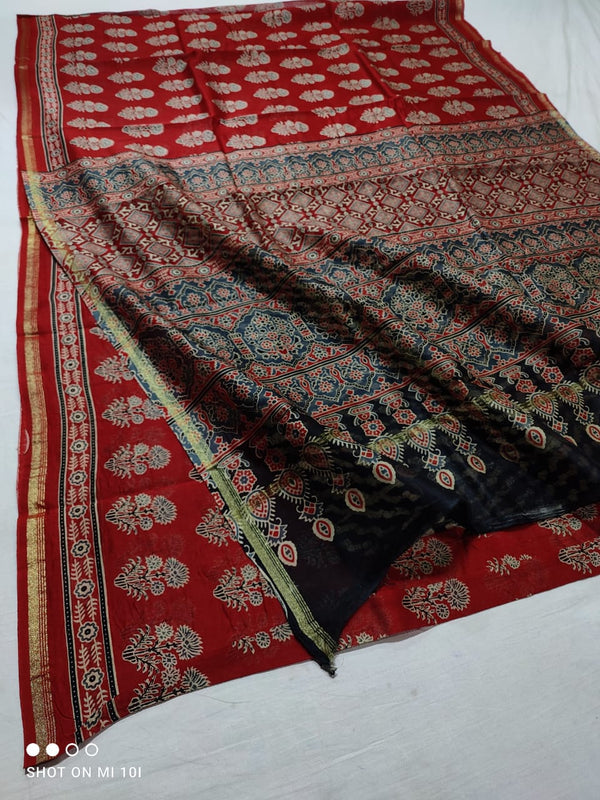 Pure Chanderi Silk Saree With Azrak Print With Blouse