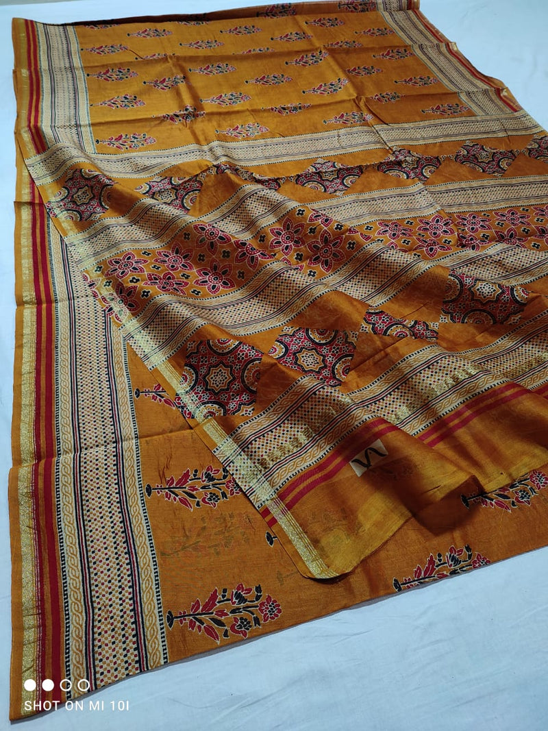 Pure Chanderi Silk Saree With Azrak Print With Blouse