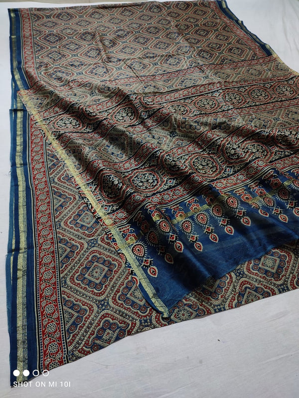 Pure Chanderi Silk Saree With Azrak Print With Blouse