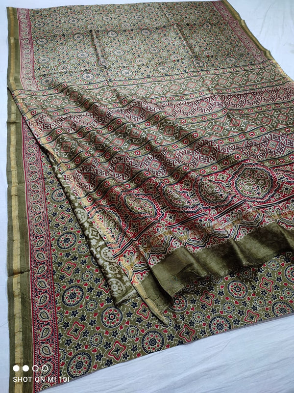 Pure Chanderi Silk Saree With Azrak Print With Blouse