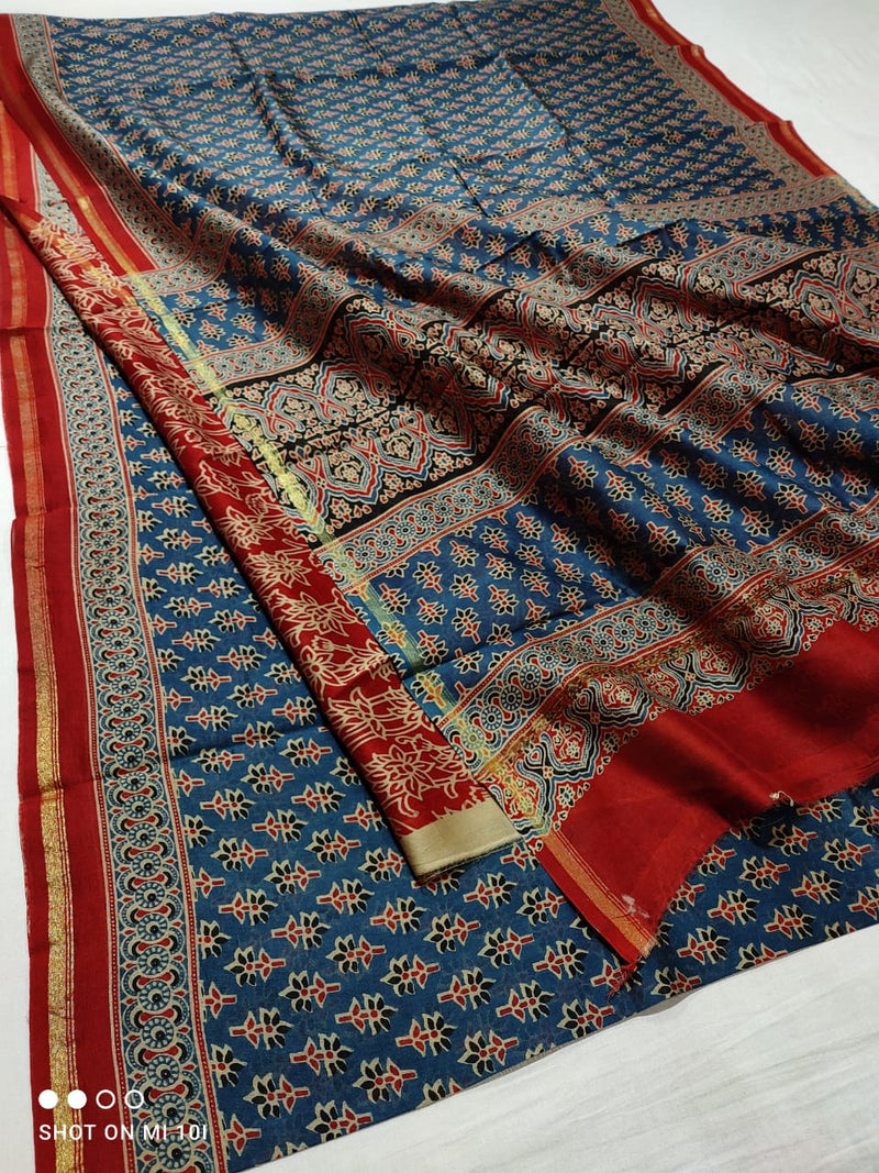 Pure Chanderi Silk Saree With Azrak Print With Blouse