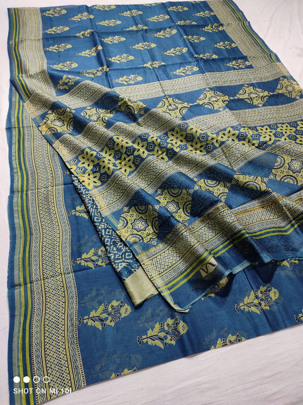 Pure Chanderi Silk Saree With Azrak Print With Blouse