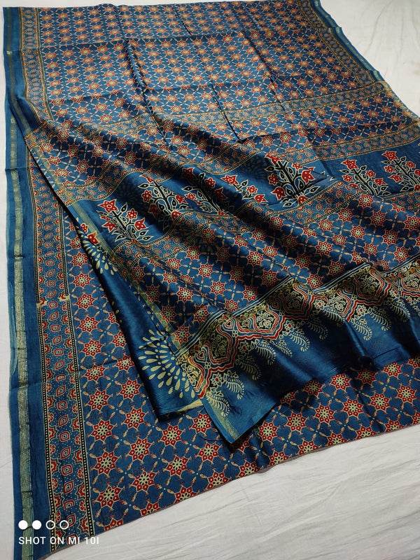 Pure Chanderi Silk Saree With Azrak Print With Blouse