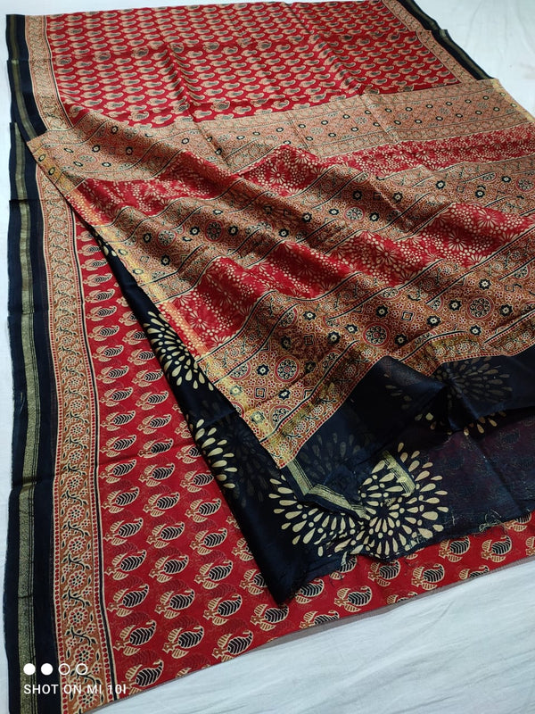 Pure Chanderi Silk Saree With Azrak Print With Blouse