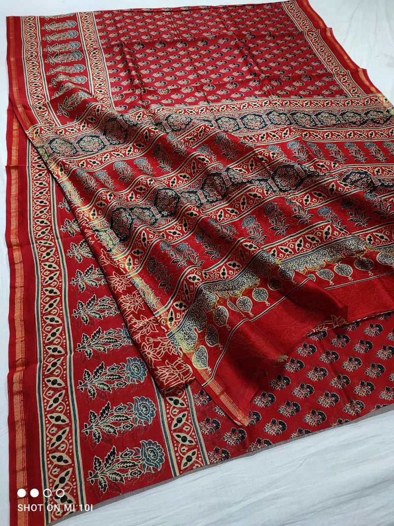 Pure Chanderi Silk Saree With Azrak Print With Blouse