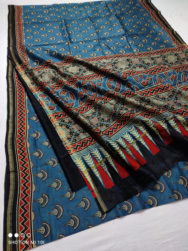 Pure Chanderi Silk Saree With Azrak Print With Blouse