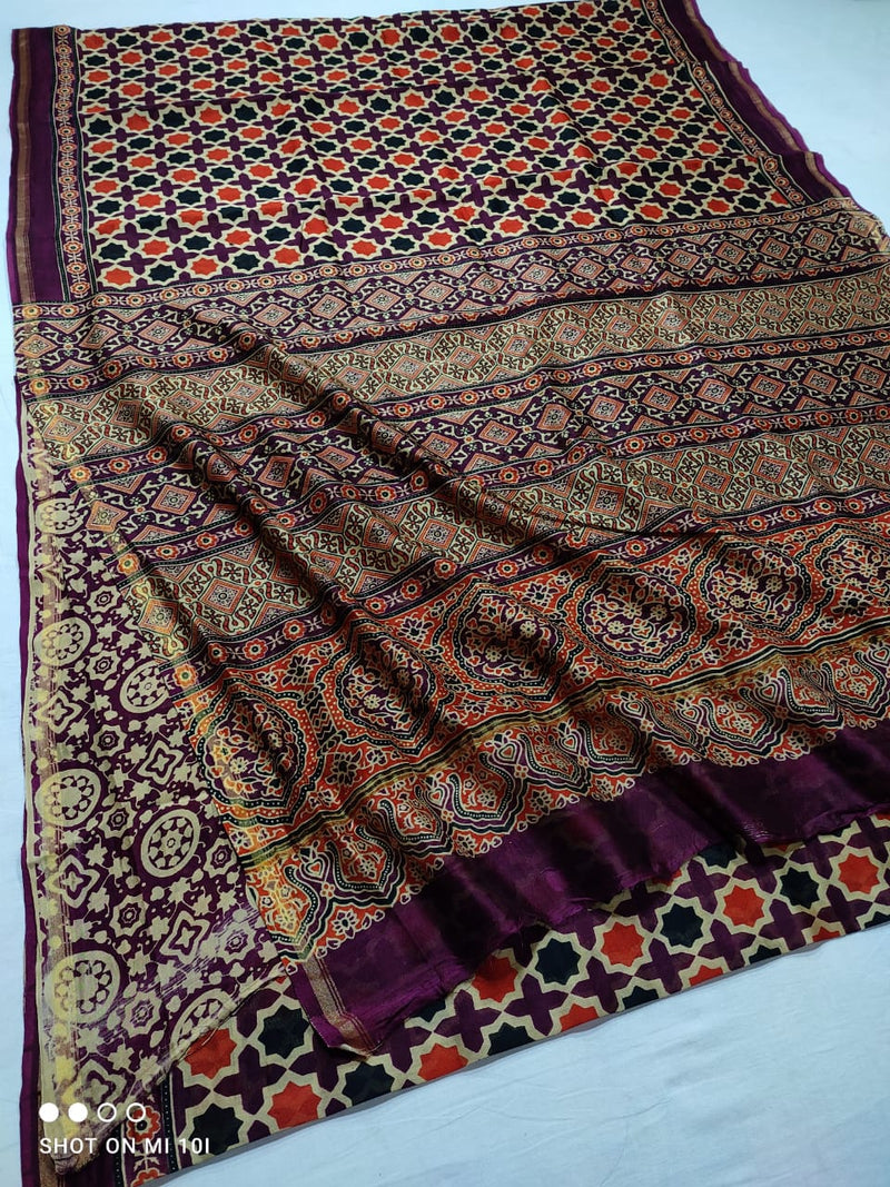 Pure Chanderi Silk Saree With Azrak Print With Blouse