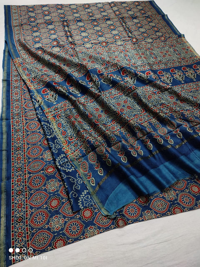 Pure Chanderi Silk Saree With Azrak Print With Blouse