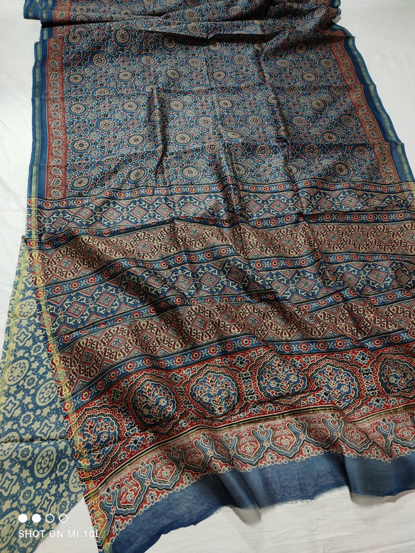 Pure Chanderi Silk Saree With Azrak Print With Blouse