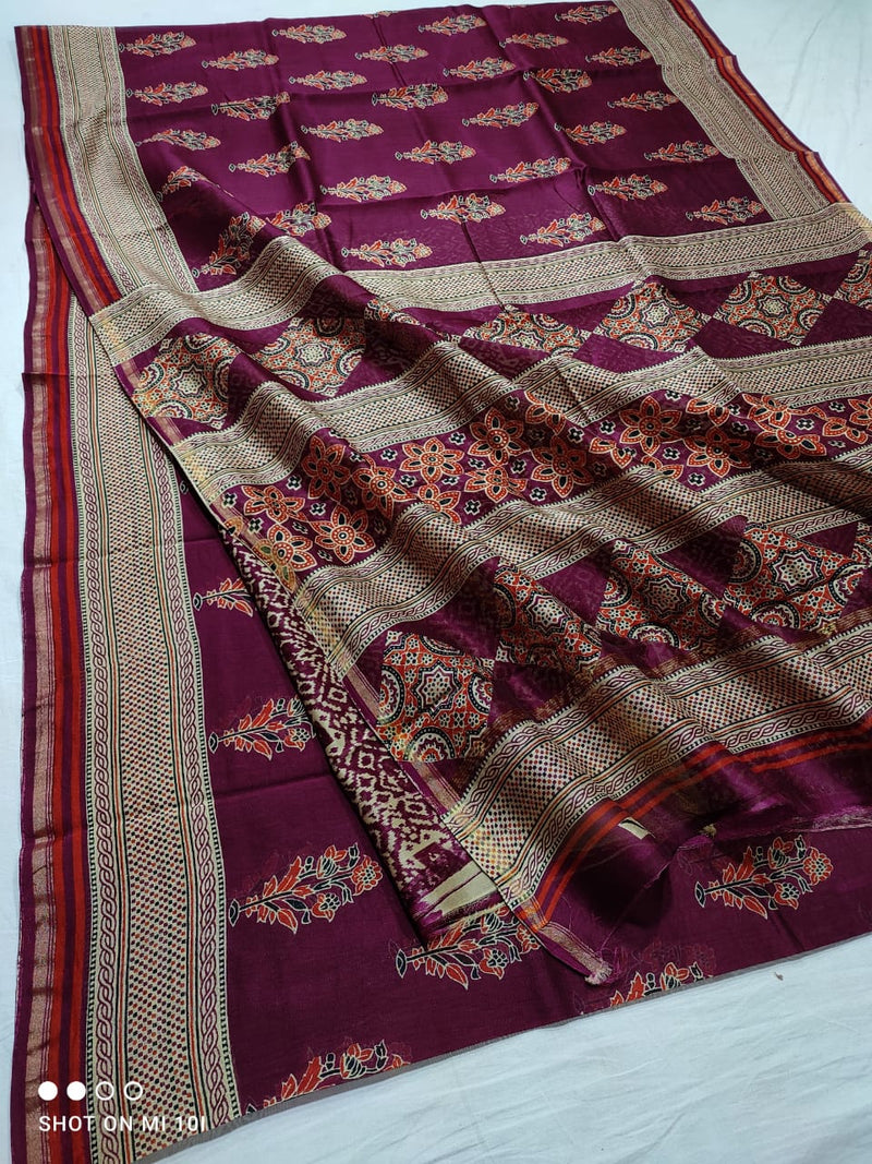 Pure Chanderi Silk Saree With Azrak Print With Blouse