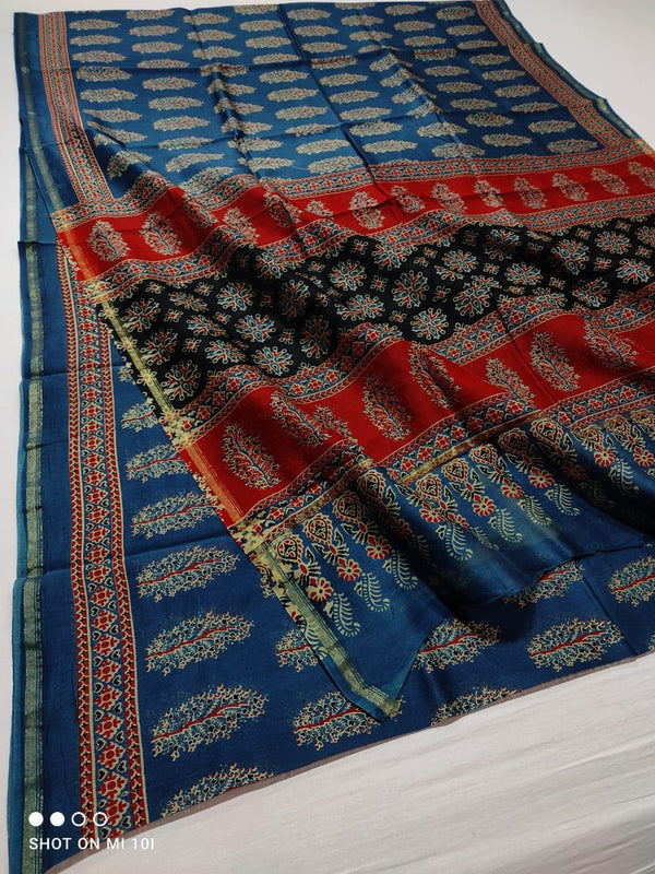 Pure Chanderi Silk Saree With Azrak Print With Blouse