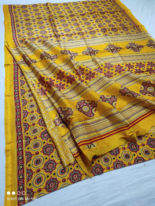 Pure Chanderi Silk Saree With Azrak Print With Blouse