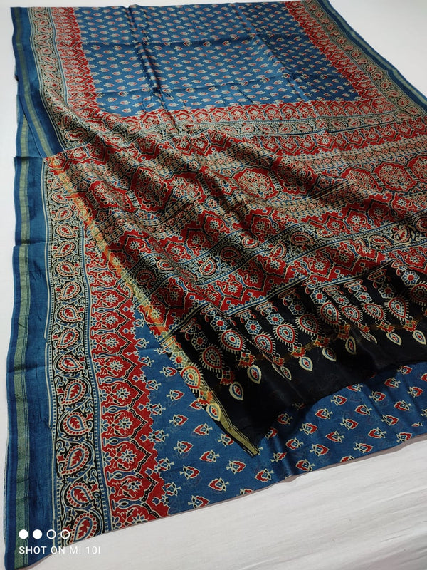 Pure Chanderi Silk Saree With Azrak Print With Blouse