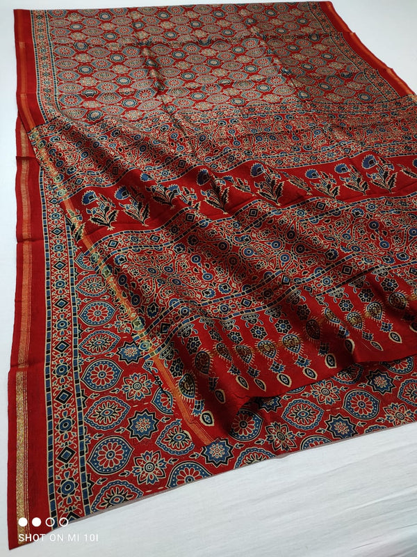 Pure Chanderi Silk Saree With Azrak Print With Blouse