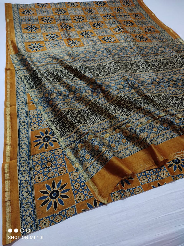 Pure Chanderi Silk Saree With Azrak Print With Blouse