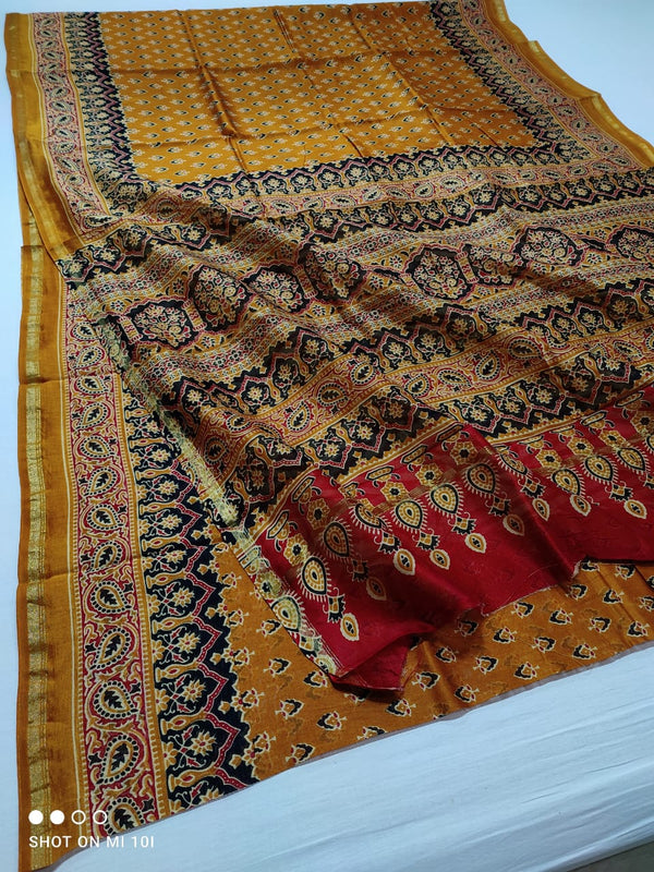 Pure Chanderi Silk Saree With Azrak Print With Blouse