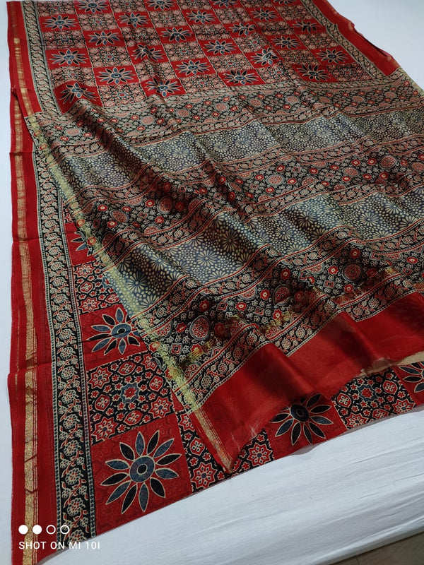 Pure Chanderi Silk Saree With Azrak Print With Blouse