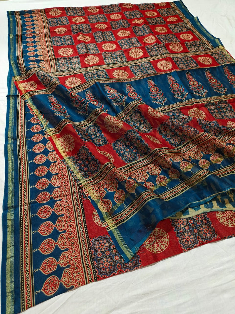 Pure Chanderi Silk Saree With Azrak Print With Blouse