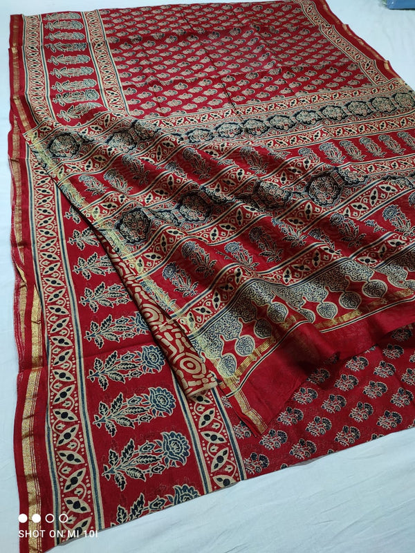 Pure Chanderi Silk Saree With Azrak Print With Blouse