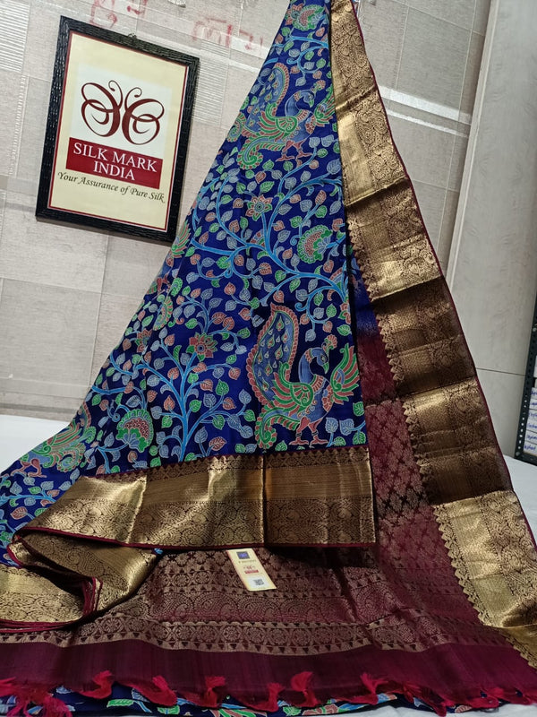 Pure Kanchipuram Silk Saree With Kalamkari Hand Print.