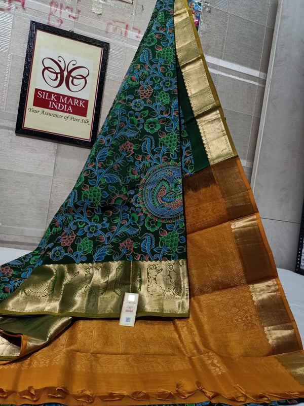 Pure Kanchipuram Silk Saree With Kalamkari Hand Print.