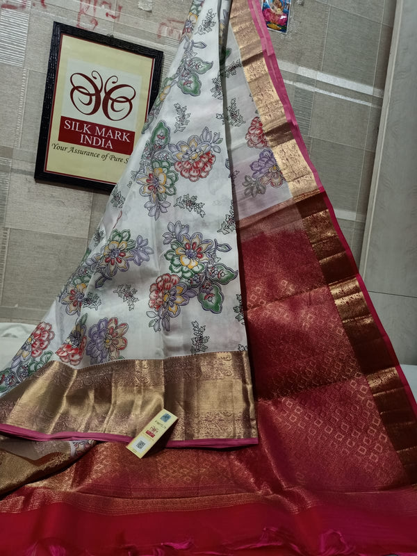 Pure Kanchipuram Silk Saree With Kalamkari Hand Print.