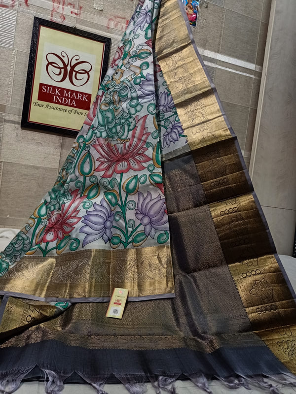 Pure Kanchipuram Silk Saree With Kalamkari Hand Print.