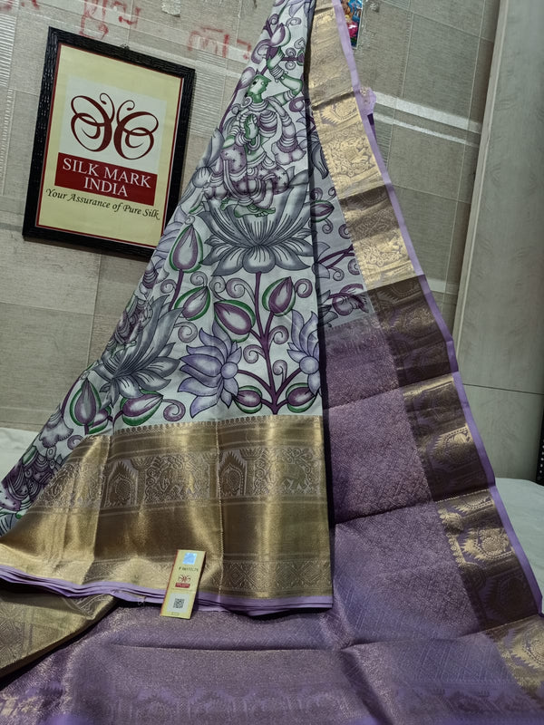 Pure Kanchipuram Silk Saree With Kalamkari Hand Print.