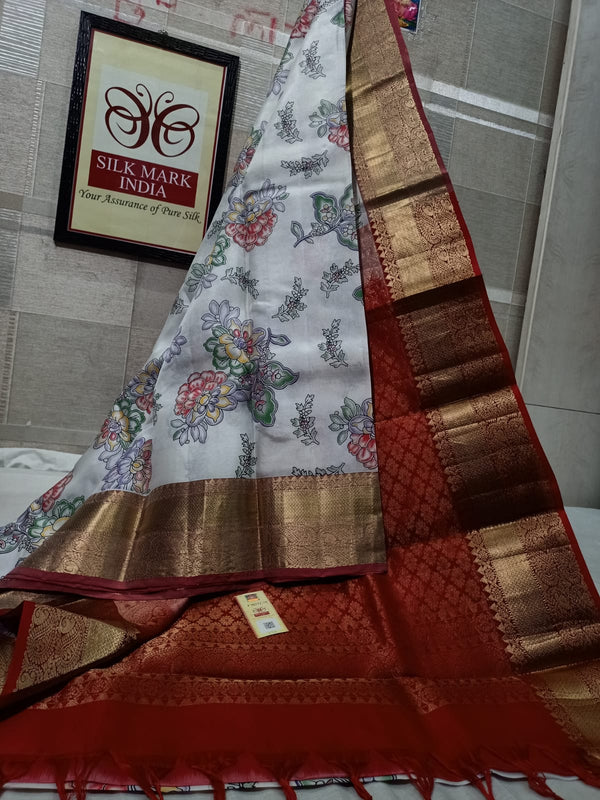 Pure Kanchipuram Silk Saree With Kalamkari Hand Print.