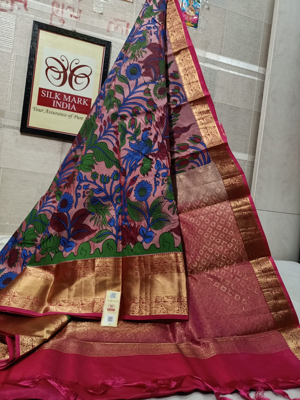 Pure Kanchipuram Silk Saree With Kalamkari Hand Print.