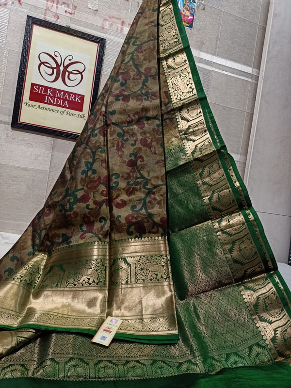 Pure Kanchipuram Silk Saree With Kalamkari Hand Print.