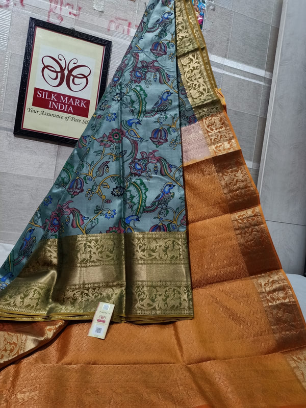 Pure Kanchipuram Silk Saree With Kalamkari Hand Print.