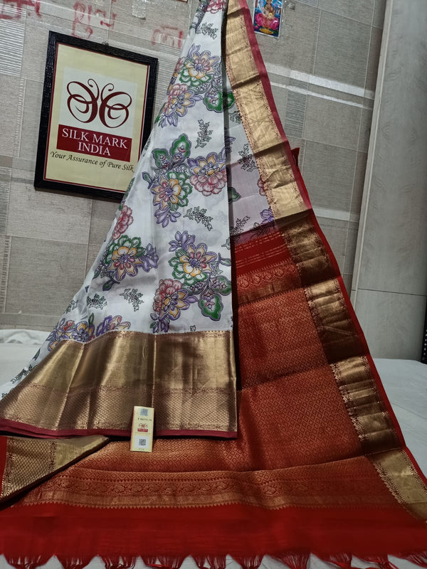 Pure Kanchipuram Silk Saree With Kalamkari Hand Print.