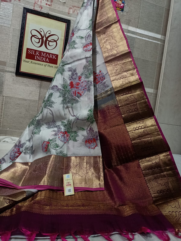 Pure Kanchipuram Silk Saree With Kalamkari Hand Print.