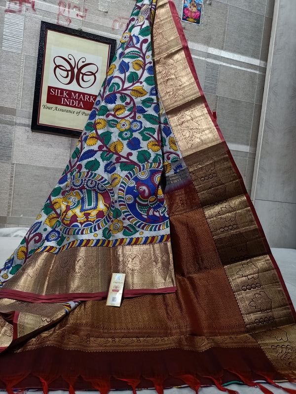 Pure Kanchipuram Silk Saree With Kalamkari Hand Print.