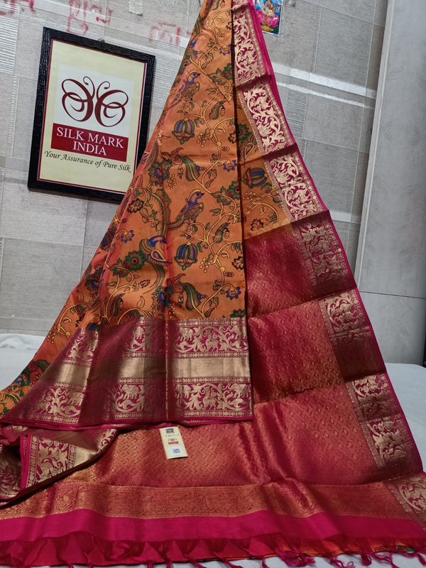 Pure Kanchipuram Silk Saree With Kalamkari Hand Print.