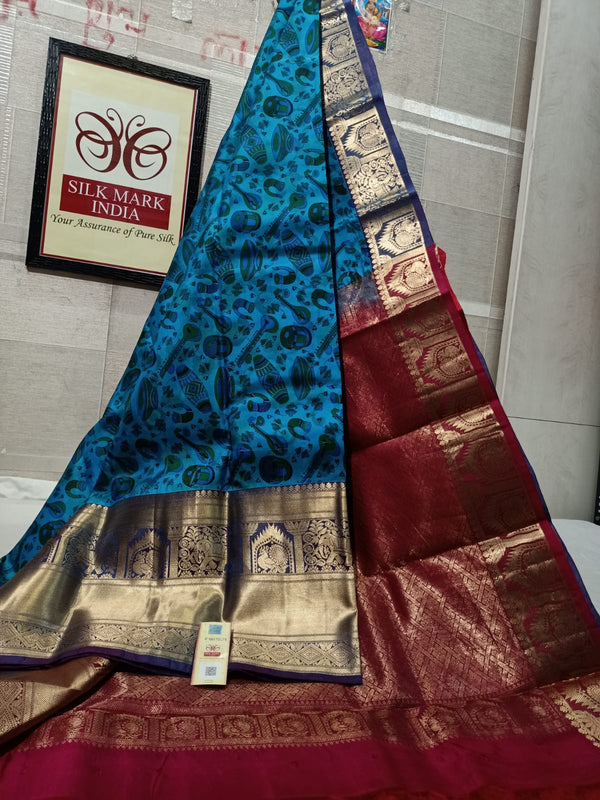 Pure Kanchipuram Silk Saree With Kalamkari Hand Print.