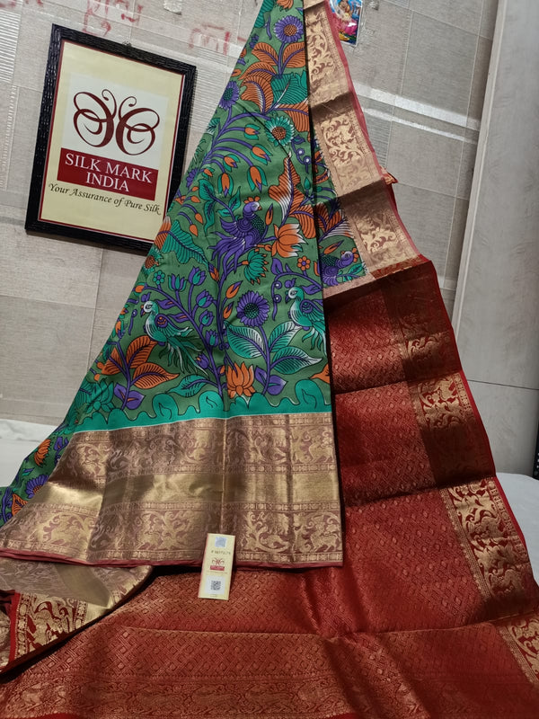 Pure Kanchipuram Silk Saree With Kalamkari Hand Print.