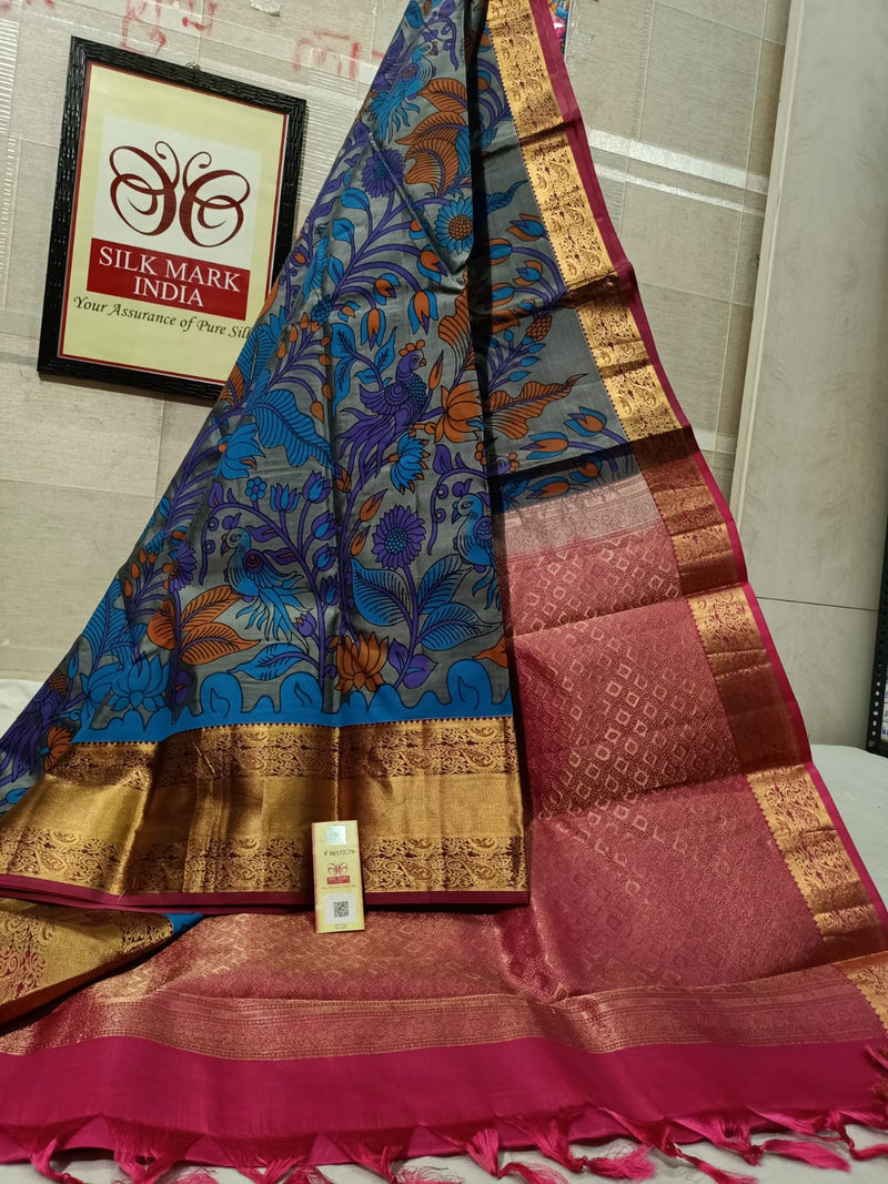 Pure Kanchipuram Silk Saree With Kalamkari Hand Print.